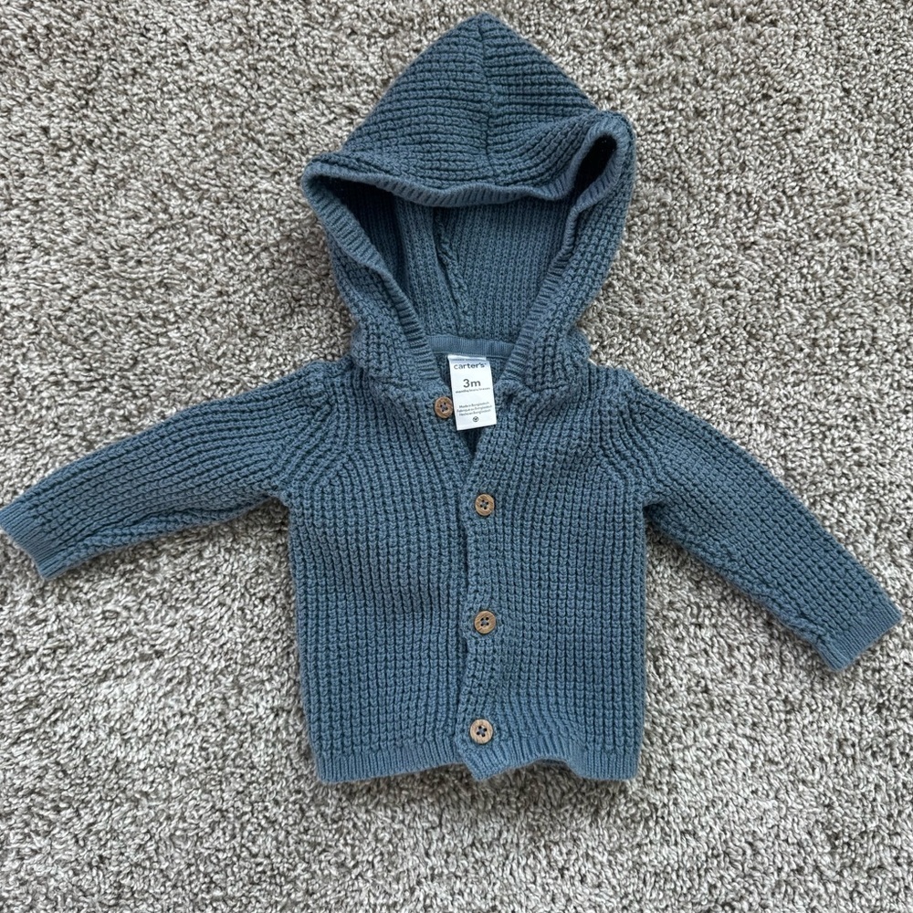 Carter's Baby Boy Knit Hoodie Cardigan Hooded Cotton Cardigan Blue Size 3 Months - Picture 2 of 5